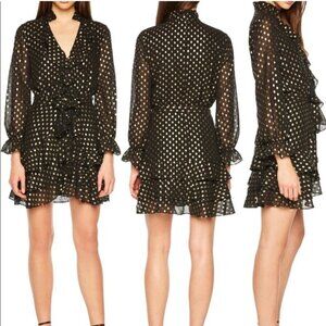 Bardot Black Gold Spots Ruffle Belted Long Sleeve Romantic Tiered Mini 6 Dress